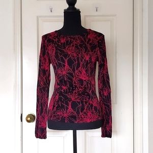NWOT. Kenneth Cole Red/Black Patterned Long Sleeve Sheer Blouse w/waist design.